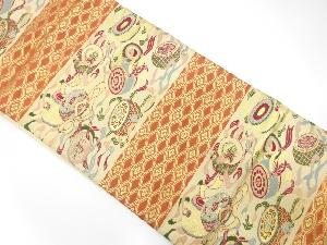 アンティーク　横段に陣太鼓・花蜀江文織り出し名古屋帯(着用可)